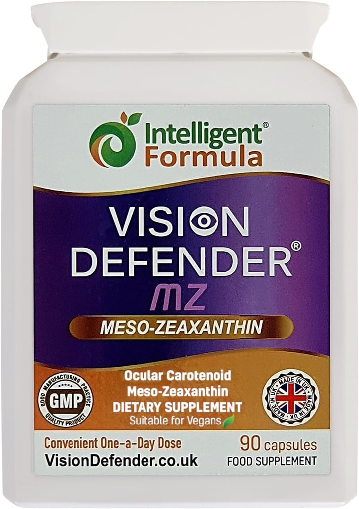 Vision Defender Meso Zeaxanthin Vegan Eye Supplement MZ - Προστατέψτε και βελτιώστε την οφθαλμική υγεία & φροντίδα των ματιών, Υψηλή δύναμη Αντιοξειδωτικό καροτενοειδές Μεσο-Ζεαξανθίνη για τα μάτια (90 κάψουλες/μία καθημερινή) Made in UK