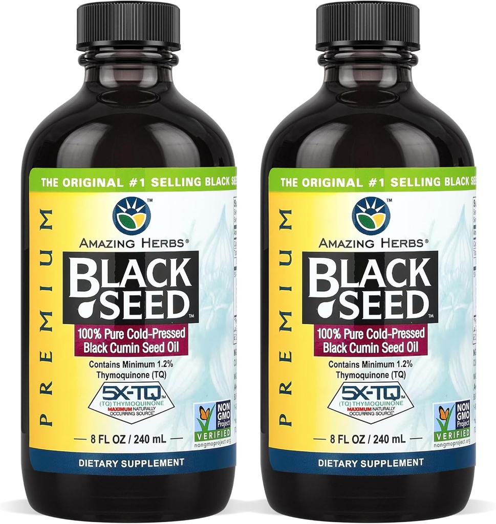 Amazing Herbs Premium Black Seed Oil - Gluten Free, Non GMO, Cold Pressed Nigella Sativa Aids in Digestive Health, Immune Support, Brain Function - 8 Fl Oz (Pack of 2)