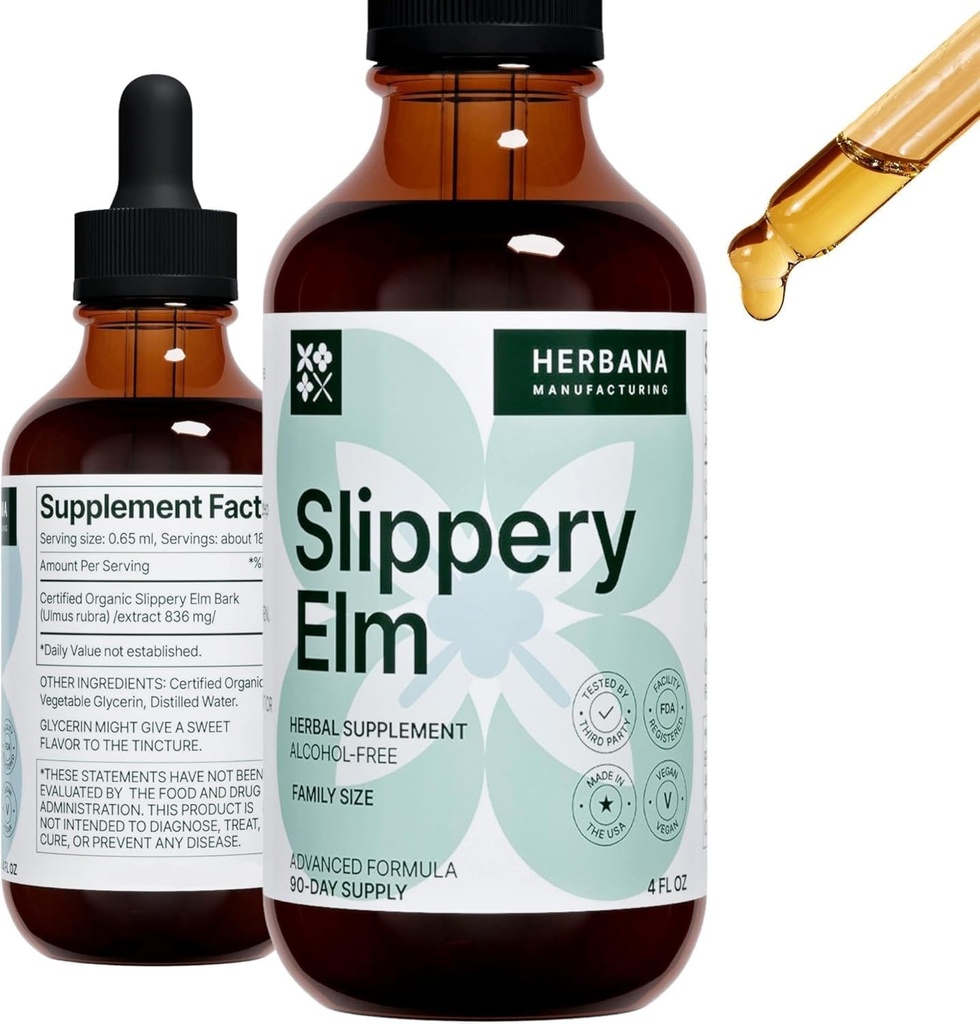 Slippery Elm Bark 4 fl oz Liquid Extract - Gut Health, Respiratory & Immune Support - Ulmus Rubra Tincture - Natural Herbal Drops for Man & Woman - Family Size - High Potency - 90-Day Supply
