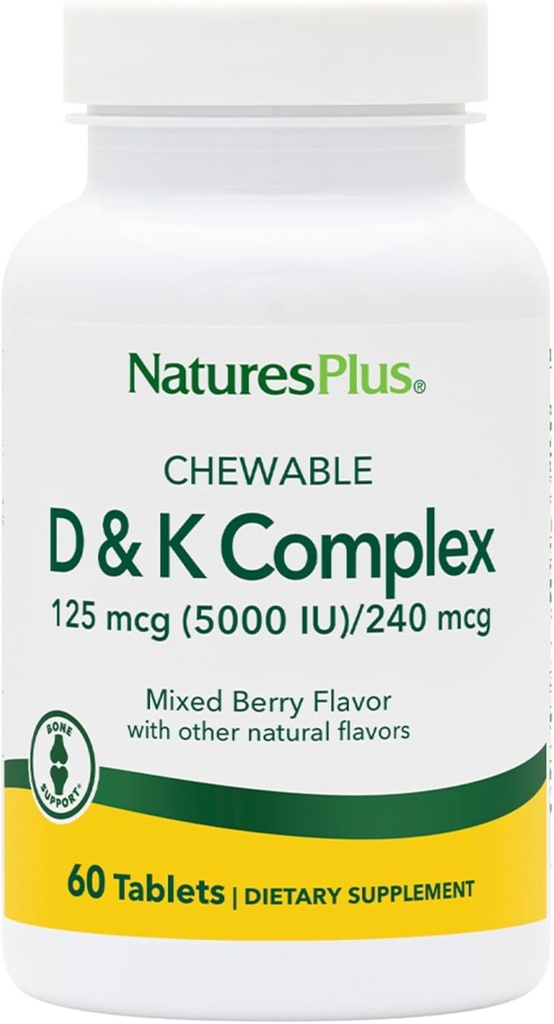 Natures Plus D & K Complex - 60 Mixed Berry Chewables - Υποστηρίζει Μεταβολισμός ασβεστίου - Χορτοφαγική, μη ΓΤΟ, Χωρίς γλουτένη, Χωρίς σόγια - 60 Υπηρεσίες