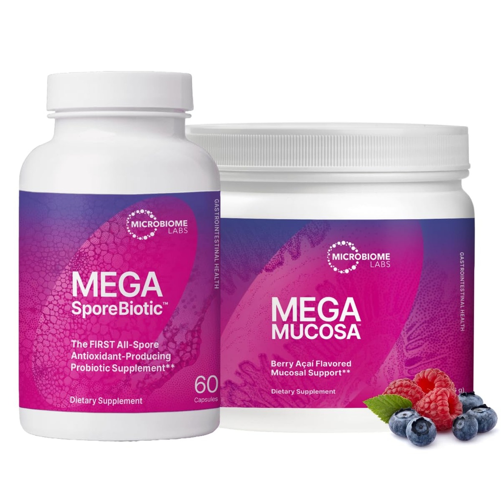 Microbiome Labs MegaSporeBiotic (60 Capsules) + MegaMucosa (5.5oz Powder) Probiotic and Gut Mucosal Support Bundle - Spore-Based Probiotic with Immunoglobulins, Amino Acids Powder Supplement