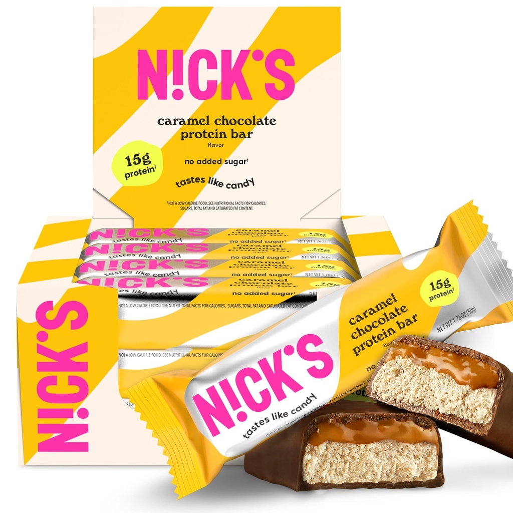 N!CK'S Protein Bars Chocolate Caramel – 12-Count Box | Protein-Packed Snack, Low Calories, Low Carbs, Keto Friendly, No Added Sugar (12 bars x 50g)
