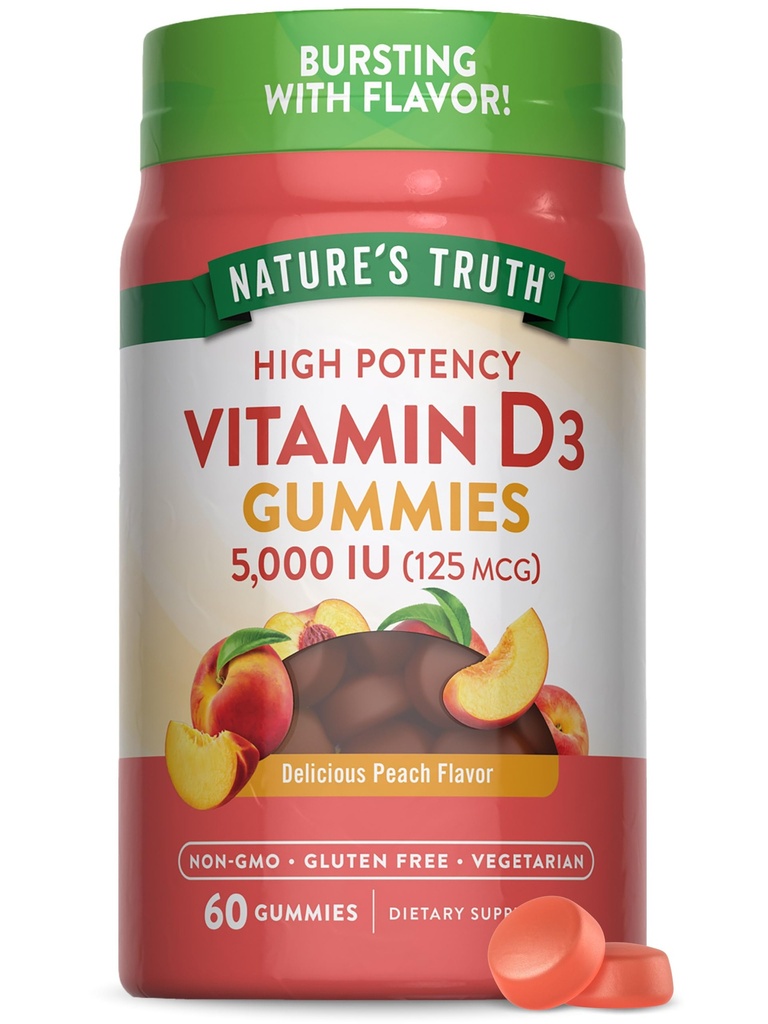 Nature's Truth Vitamin D3 Gummies | 5000 IU | 60 Count | Peach Flavor | Vegetarian, Non-GMO & Gluten Free Supplement