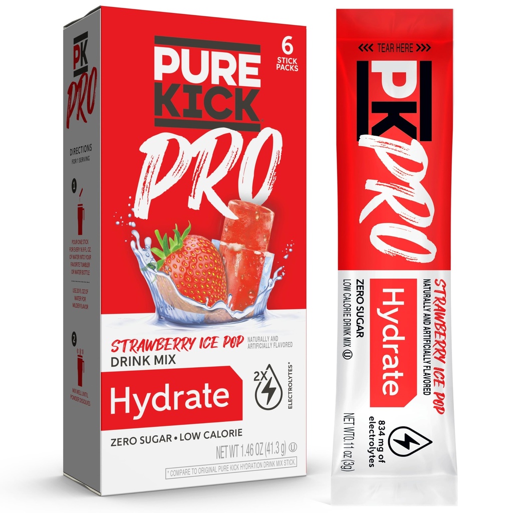 PURE KICK PRO Ενυδατικό ηλεκτρολυτικό μείγμα ποτών, φράουλα παγωτού, περιλαμβάνει 1 κουτί με 6 συσκευασίες σε κάθε κουτί