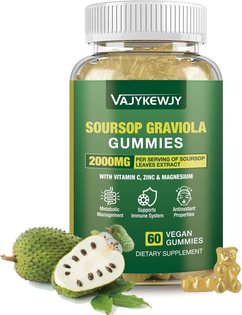 Soursop Graviola Gummies - 2000mg Extra Strength Soursop Leaves Extra Extra Strength Soursop Leaves Extra, Vitamin C, Zinc & Whole Natural Food for Ammunity, Vegan, 60 Gummies