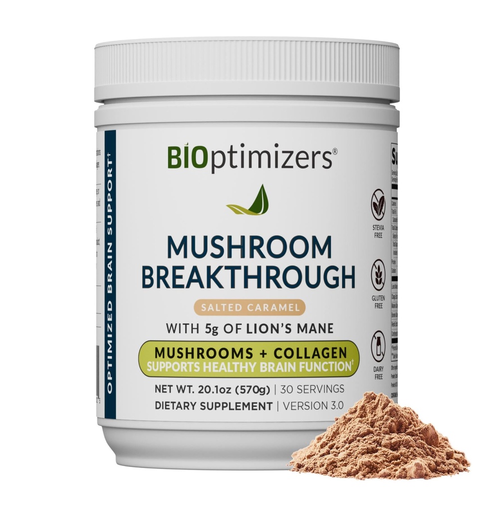 BIOptimizers Mushroom Coffee Alternative – Αλμυρό Caramel Drink – Lion’s Mane, Chaga, Reishi + Collagen Peptides for Focus, Energy & Gut Health – Adaptogenic Mushrooms & MCT Powder – 30 Servings