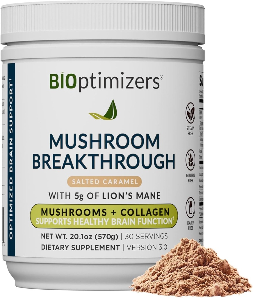 BIOptimizers Mushroom Coffee Alternative – Αλμυρό Caramel Drink – Lion’s Mane, Chaga, Reishi + Collagen Peptides for Focus, Energy & Gut Health – Adaptogenic Mushrooms & MCT Powder – 30 Servings