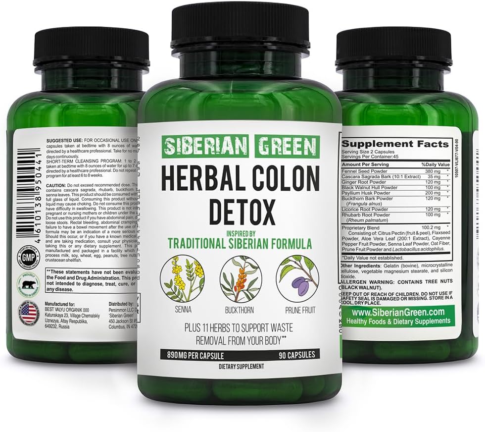 Siberian Green Herbal Colon Detox με Senna Buckthorn Prune Φρούτα 90 Κάψουλες – Παραδοσιακή Σιβηρική Φόρμουλα 14 Βότανα & Προβιοτικά για τον καθαρισμό Colon και Detox Σώμα