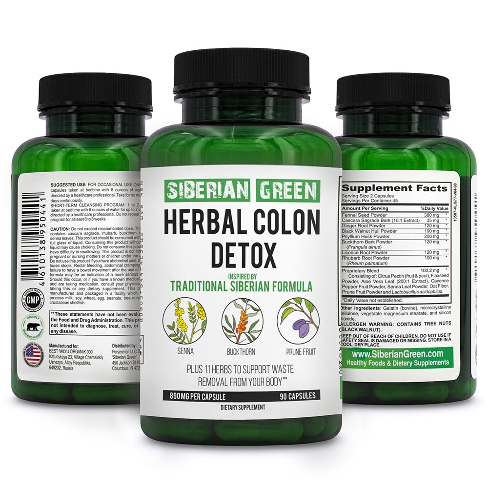 Siberian Green Herbal Colon Detox με Senna Buckthorn Prune Φρούτα 90 Κάψουλες – Παραδοσιακή Σιβηρική Φόρμουλα 14 Βότανα & Προβιοτικά για τον καθαρισμό Colon και Detox Σώμα
