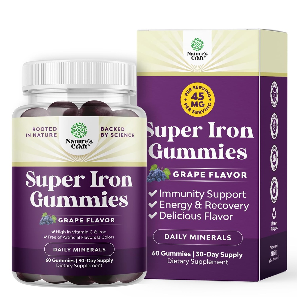 Επιπλέον δύναμη Iron Gummies για γυναίκες και άνδρες - ισχυρό 45mg ανά υπηρεσία Chewable συμπλήρωμα για γυναίκες και άνδρες με βιταμίνη C για υψηλότερη απορρόφηση - Vegan Καθημερινά Σίδερο Gummy Όχι τεχνητά αρώματα