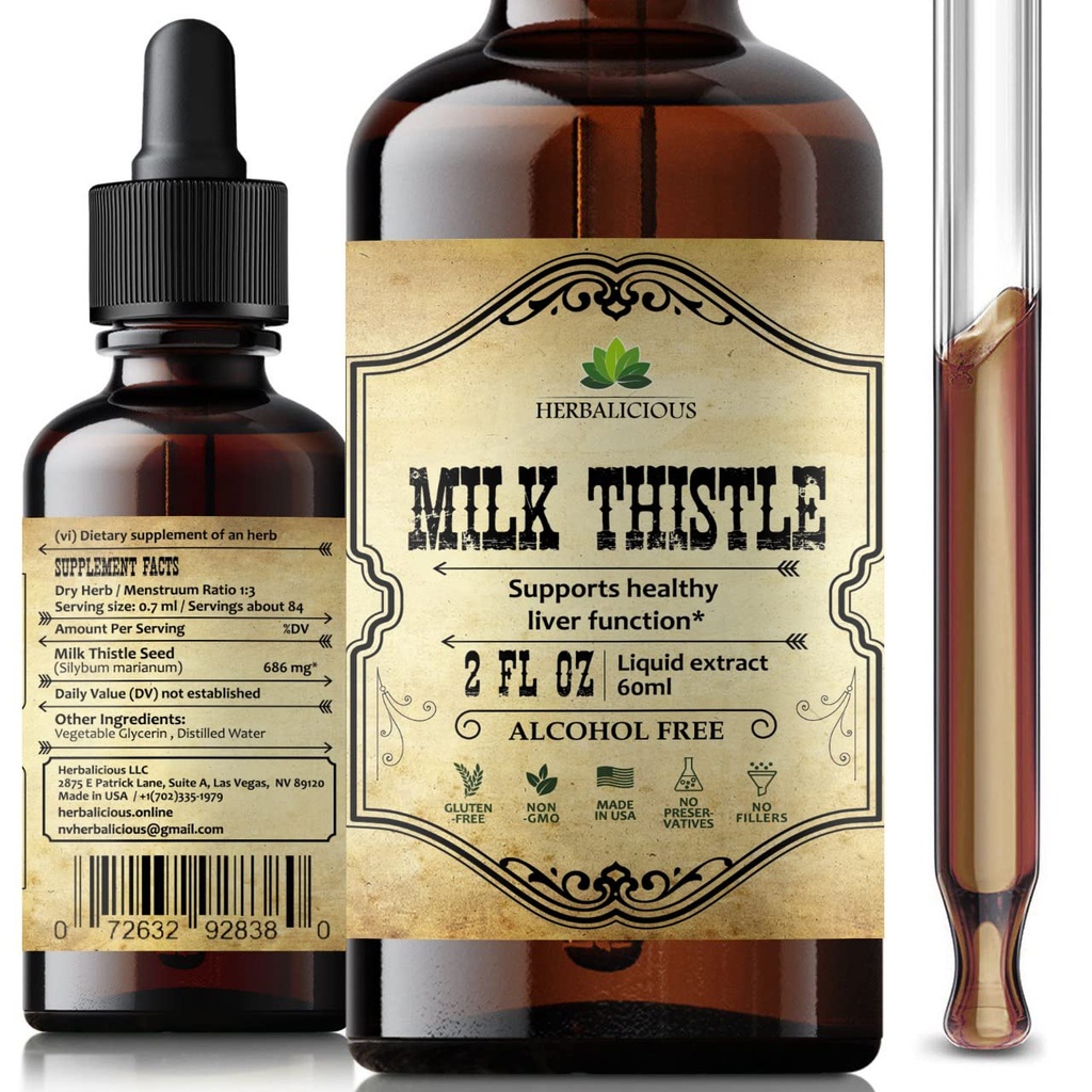 HERBALICIOUS Milk Thittle Extract - All-Natural Cleanse and Detox συμπλήρωμα για την υποστήριξη του ήπατος, ανοσοποιητικό σύστημα και την υγεία του δέρματος - Συμπλήρωμα διατροφής Silymarin - 2 fl Oz