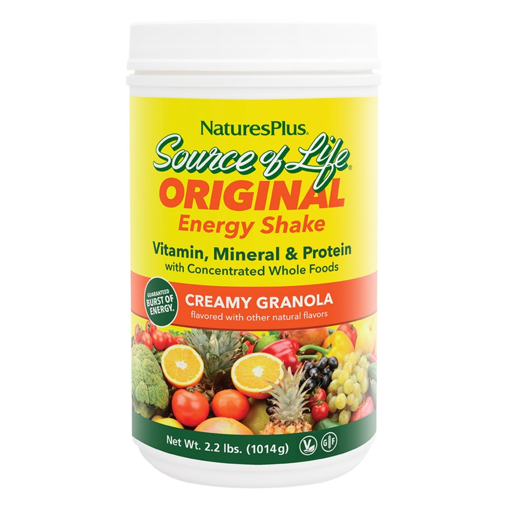 NaturesPlus Πηγή Ενέργειας Ζωής Shake - 2,2 lbs Multivitamin, Mineral & Protein Powder - Granola Flavor - Πλήρης αντικατάσταση γεύματος τροφίμων - Μη-GMO, χορτοφάγοι, χωρίς γλουτένη - 26 Σερβιέτες