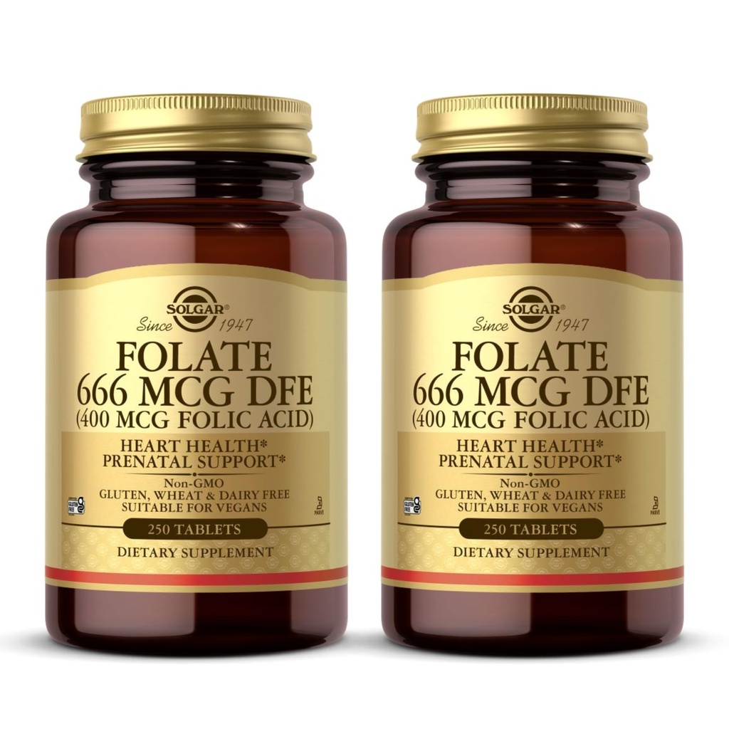 Solgar Folate 666 mcg DFE (Folic Acid 400 mcg) - 250 Δισκία, Συσκευασία των 2 - Προγεννητική Υποστήριξη - Μη ΓΤΟ, Vegan, Χωρίς γλουτένη, Χωρίς γαλακτοκομικά, Kosher - 500 Σύνολο Σερβιρίσματος
