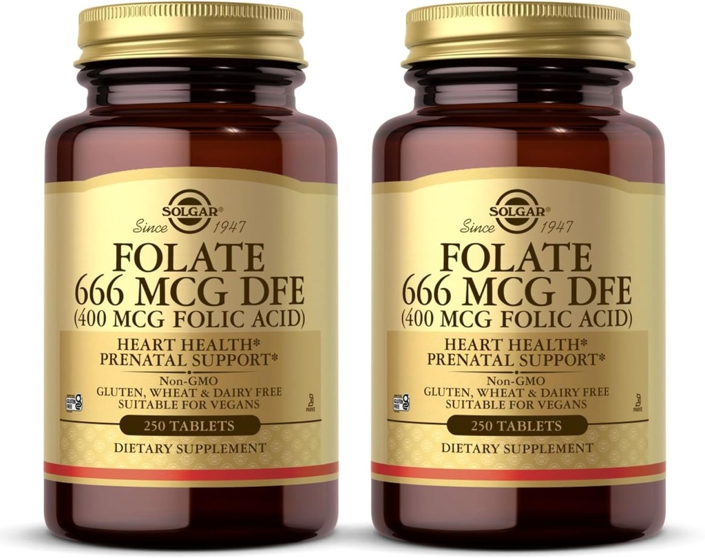 Solgar Folate 666 mcg DFE (Folic Acid 400 mcg) - 250 Tablets, Pack of 2 - Prenatal Support - Non-GMO, Vegan, Gluten Free, Dairy Free, Kosher - 500 Total Servings