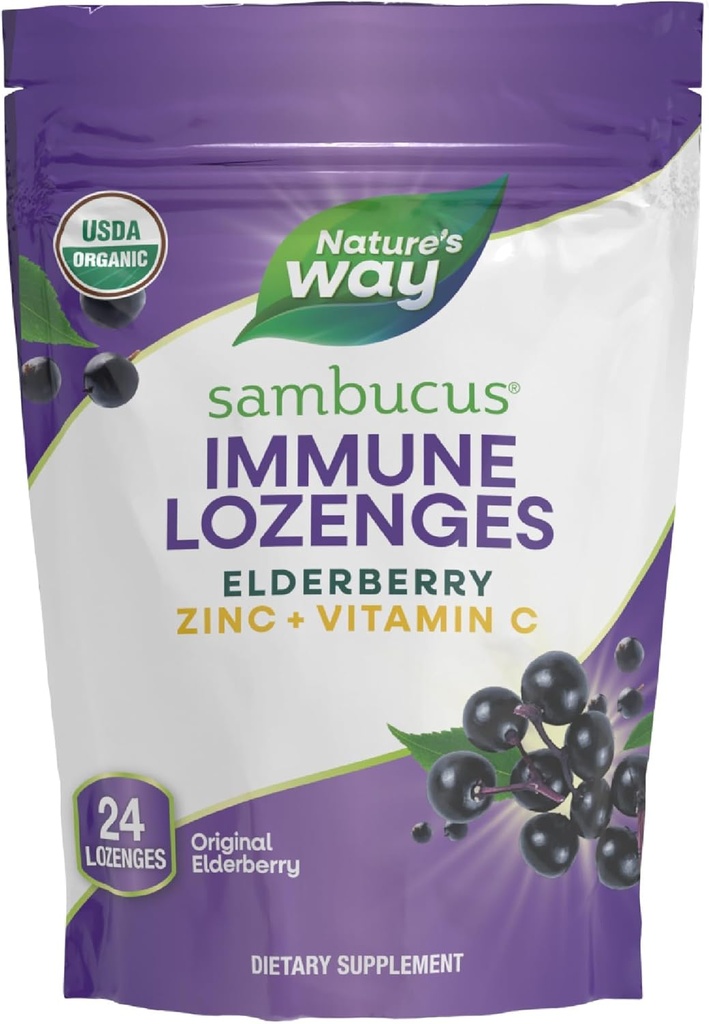 Nature's Way Sambucus Immune Lozenges, Zinc + Vitamin C, Black Elderberry Extract, USDA Certified Organic, Original Berry Flavored, 24 Lozenges (Packaging May Vary)
