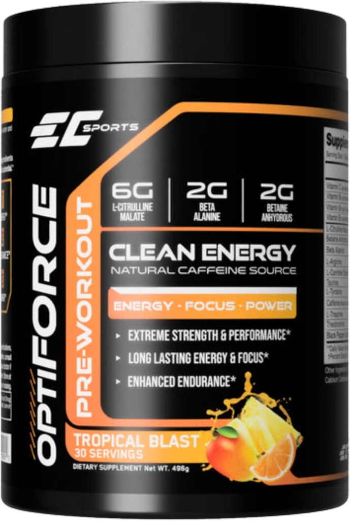 EC Sports OptiForce Pre-Working Tropical Blast Supplement Powder - Καθαρή ενέργεια & φυσική καφεΐνη w/Long-διαρκής αντοχή και εστίαση - 30 εξυπηρετήσεις