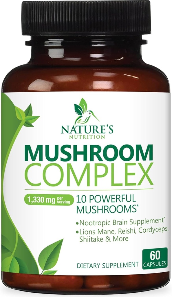Mushroom Brain Supplement 1330 mg - 10 in 1 High Strength Mushroom Complex with Lions Mane, Turkey Tail, Reishi, Cordyceps, Chaga & Brain Nootropic Complex for Memory & Focus Support - 60 Κάψουλες