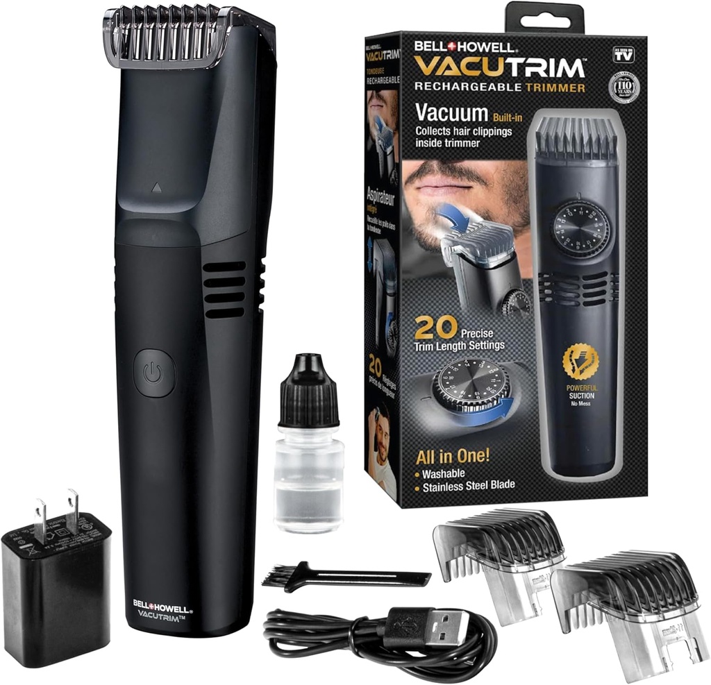 Vacutrim Cordless Mens Beard Trimmer, επαναφορτιζόμενος ηλεκτρικός ξυρισμός με 20 Trim Setting Calibration Dial και ενσωματωμένο κενό για μουστάκι, Sideburns. Μαλλιά προσώπου, μαύρο, 7.5", Όπως είδαμε στην τηλεόραση
