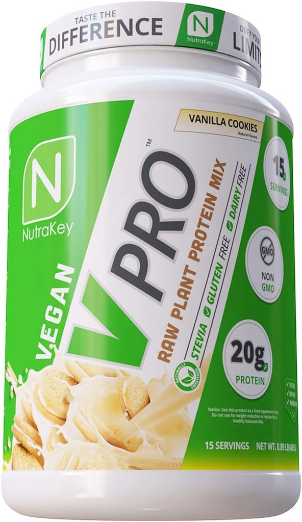 NutraKey V-Pro, Ακατέργαστη Σκόνη Πρωτεΐνης Φυτών, Βιολογικό, Vegan, Χαμηλό Καρβίδιο, Χωρίς Γλουτένη με 20g Πρωτεΐνης (Vanilla Cookie) 1,78-Pound.
