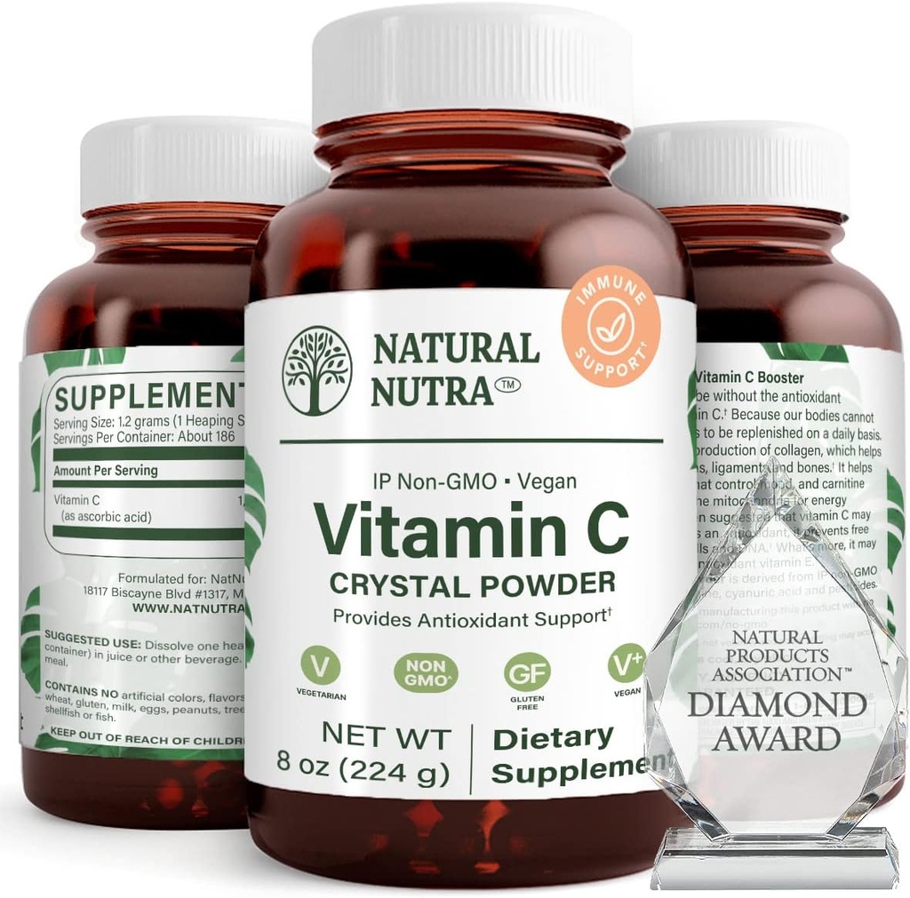 Natural Nutra Pure Vitamin C Crystal Powder από ασκορβικό οξύ, Ενίσχυση της ανοσίας, Διατήρηση συμπλήρωμα τριχοειδούς δύναμης, Αυξάνει την απορρόφηση σιδήρου, Μη ΓΤΟ, Ζιζανιοκτόνο, Φυτοφάρμακο, Χωρίς σόγια, 8 Oz