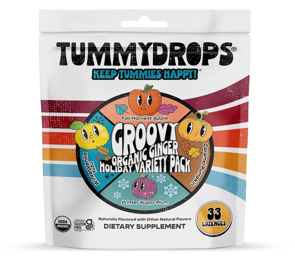 USDA Organic Groovy Ginger Holiday Variety Tummydrops (Μίξη από Caramel Pumpkin, Fall Apple, Winter Yuzu & Sugar Plum Ginger Flavors). Τσάντα με 33 διάφορες σταγόνες. Πιστοποιημένος χωρίς γλουτένη.