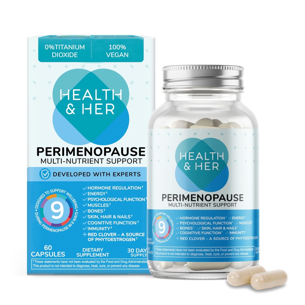 Health & Her Perimenopause συμπλήρωμα για τις γυναίκες – Το No.1 του Ηνωμένου Βασιλείου Περιεμμηνόπαυση συμπλήρωμα - Multi-Nutrient Wellbeing Υποστήριξη για το πρώιμο στάδιο της εμμηνόπαυσης, Vegan, χωρίς γλουτένη, μη ΓΤΟ (60 ct - 1 μήνας)