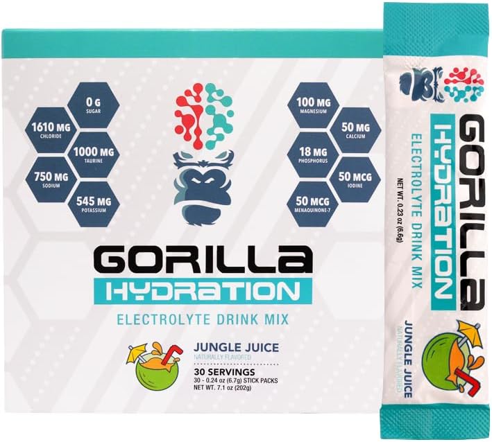 Gorilla Mind Hydration Packets - 3,073mg Electrolytes On The Go Convenient Drink Mix for Comprehensive Replenishment - Zero Sugar, Naturally Sweetened & Fasting Friendly - 30 Count (Jungle Juice)