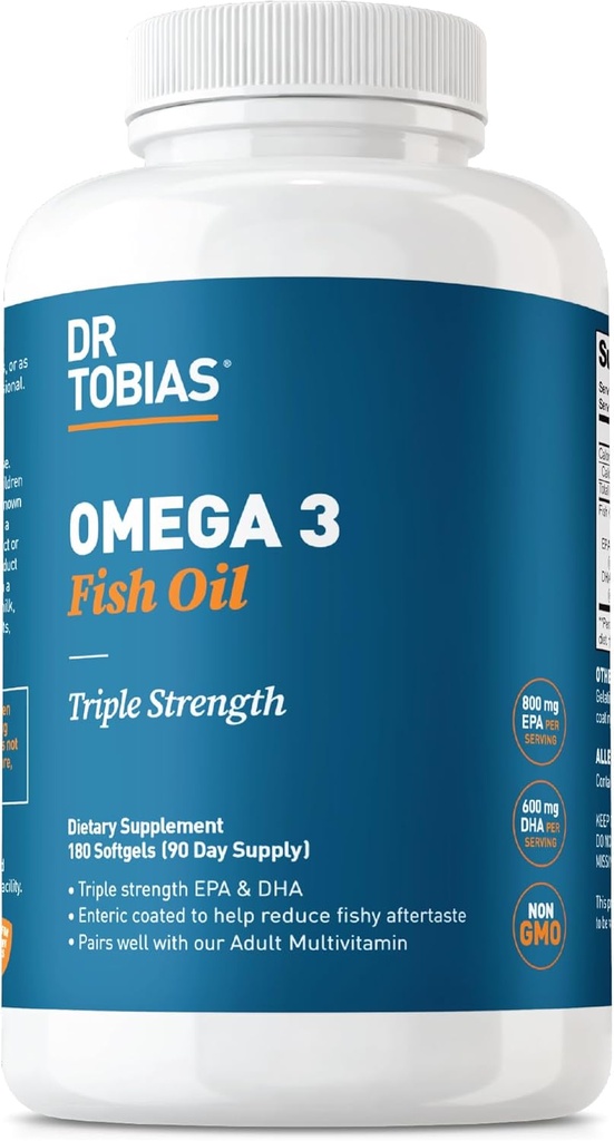 Dr. Tobias Omega 3 Fish Oil, 2000mg Triple Strength with 800mg EPA 600mg DHA Per Serving, Fish Oil Omega 3 Supplements for Heart, Brain & Immune Support, 180 Softgels, 90 Servings