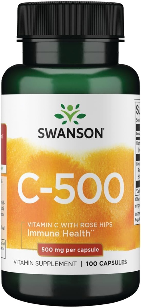 Swanson Βιταμίνη C με Rose HIPS ανοσοποιητικό σύστημα Υποστήριξη Καρδιαγγειακής Υγείας του δέρματος Συμπλήρωμα Αντιοξειδωτικών 500 mg 100 Καψάκια