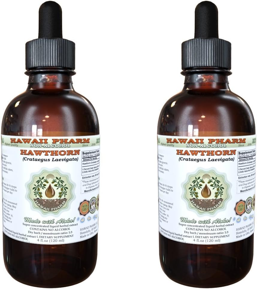 Hawthorn Alcohol-Free Liquid Extract, Organic Hawthorn (Crataegus Laevigata) Dried Leaf, Organic Flower and Stem Glycerite Hawaii Pharm Natural Herbal Supplement 2x4 oz