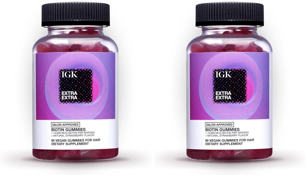 IGK Biotin Μαλλιά Gummies 10.000mcg Biotin (60 Count), Φράουλα Γεύση, Συμπληρώματα ανάπτυξης μαλλιών Gummies για υγιή μαλλιά, δέρμα & νύχια, Vegan, Βοήθεια Καταπολέμηση της Απώλειας μαλλιών & Λιποθυμία (πακέτο του 2)