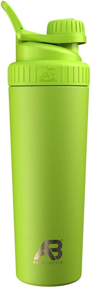 AeroBottle Cryo Shaker Cup, μονωμένο μπουκάλι νερού από ανοξείδωτο χάλυβα και αναδευτήρα πρωτεϊνών, αναμιγνύει την πρωτεΐνη και την προ προπόνηση με την τεχνολογία αναμικτήρα, καμία σφαίρα ή Wisk, 26oz, Eco Shock Green