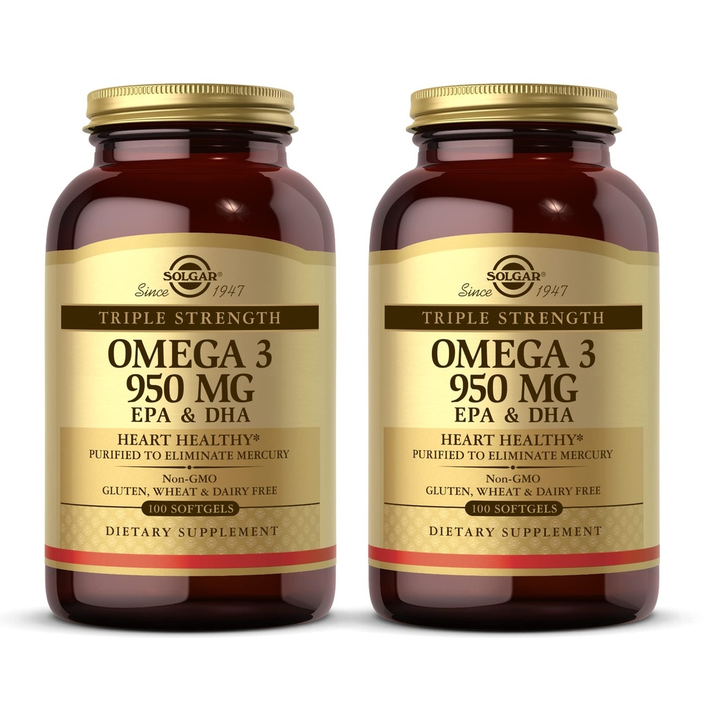 Solgar Triple Strength Omega 3 950 mg - 100 Softgels, Συσκευασία των 2 - Υποστηρίζει την κοινή & την υγεία του δέρματος - Μη ΓΤΟ, Χωρίς γλουτένη, χωρίς γαλακτοκομικά - 200 Σύνολο Σερβιρίσματος