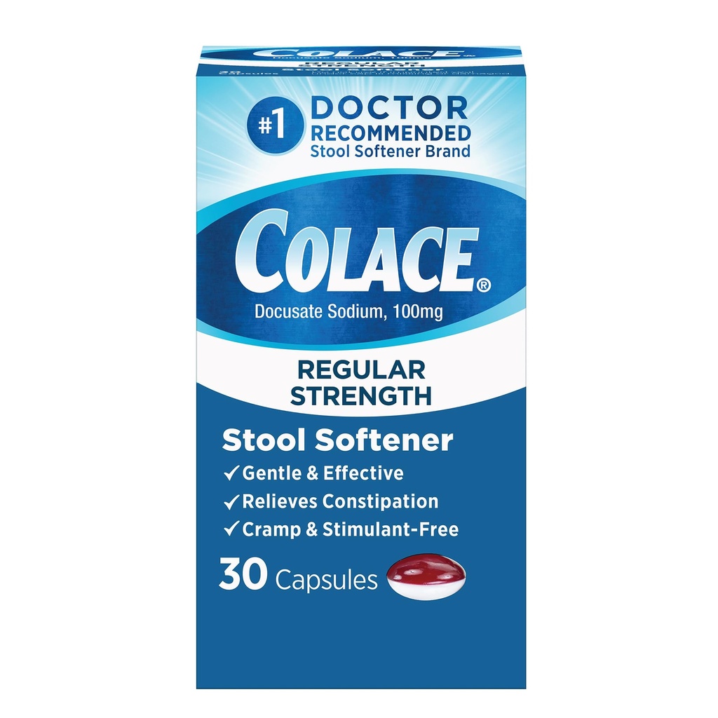 Colace Regular Strength Stool Softener for Gentle Recipation Relief, No. 1 Doctor Recommended Stool Softener Brand, 100 mg Docusate Caps, 30 Count