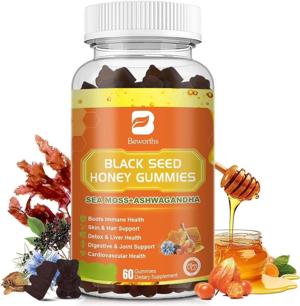 Black Seed Oil Sea Moss Gummies με Ashwagandha, Burdock Root, Linden Honey, Elderberry, Turmeric, Βιταμίνη C, D3 & Ψευδάργυρος - Υποστηρίζει την ασυλία, αρθρώσεις, πέψη, μαλλιά & δέρμα, Vegan Gummies 60 κόμητες