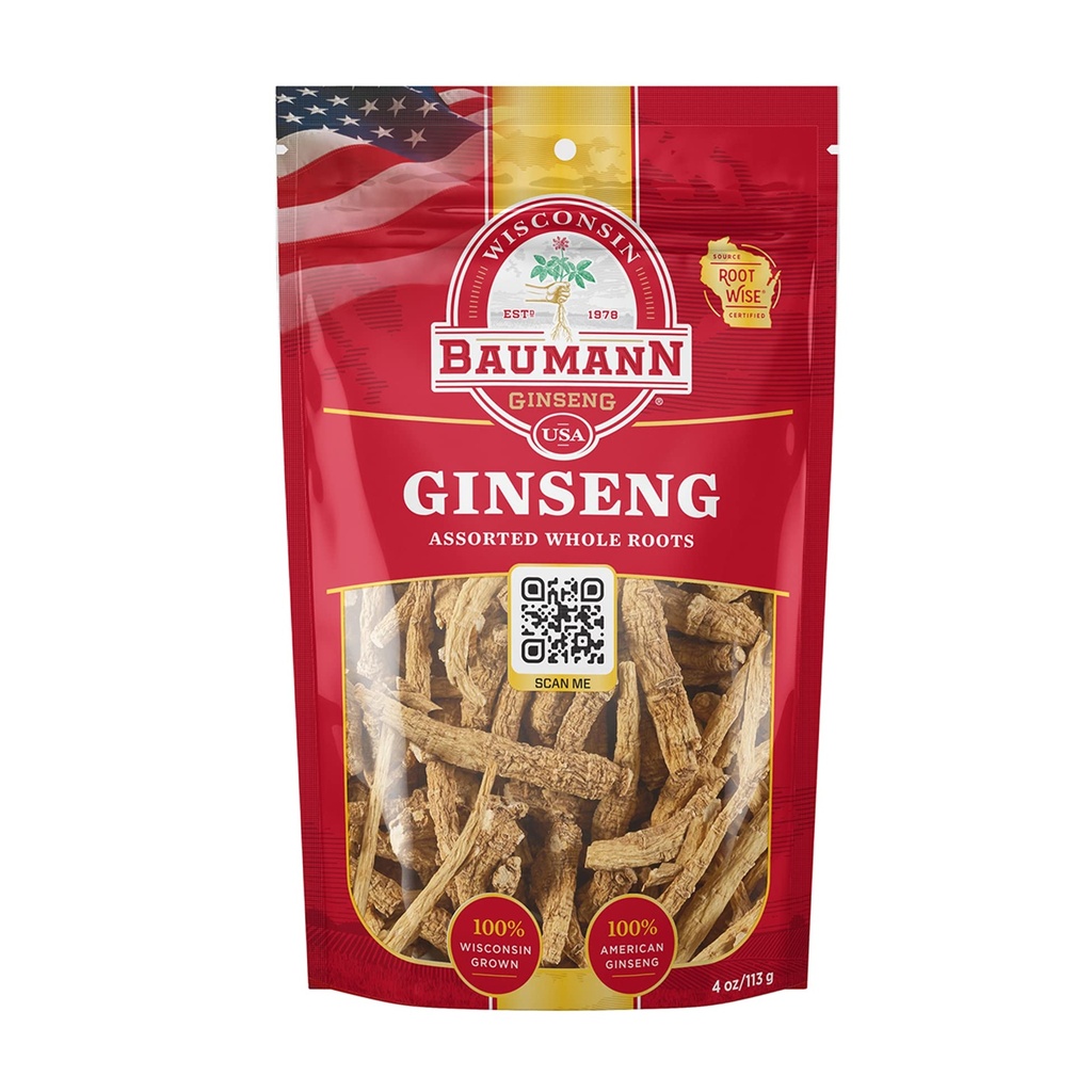 Baumann Wisconsin Ginseng Ποικίλες ολόκληρες ρίζες 4 oz - 100% φυσικό βότανα Panax Ginseng, καθαρό αποξηραμένο αμερικανικό τζινσένγκ για την ενισχυμένη ενέργεια
