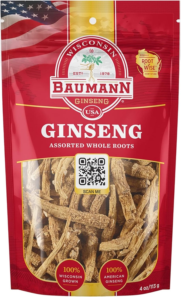 Baumann Wisconsin Ginseng Assorted Whole Roots 4 oz - 100% Natural Panax Ginseng Herb, Pure Dried American Ginseng for Enhanced Energy