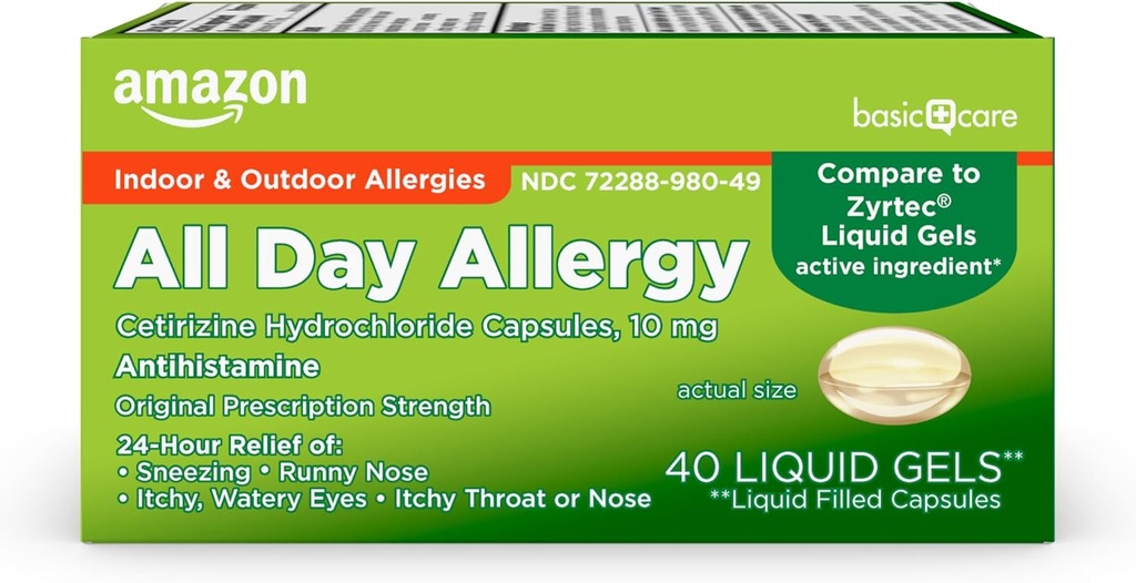   Basic Care All Day Allergy Medicine, 24 Hour Allergy Liquid Gels Capsule, Cetirizine Hydrochloride, 10 mg, Antihistamine, 40 Count