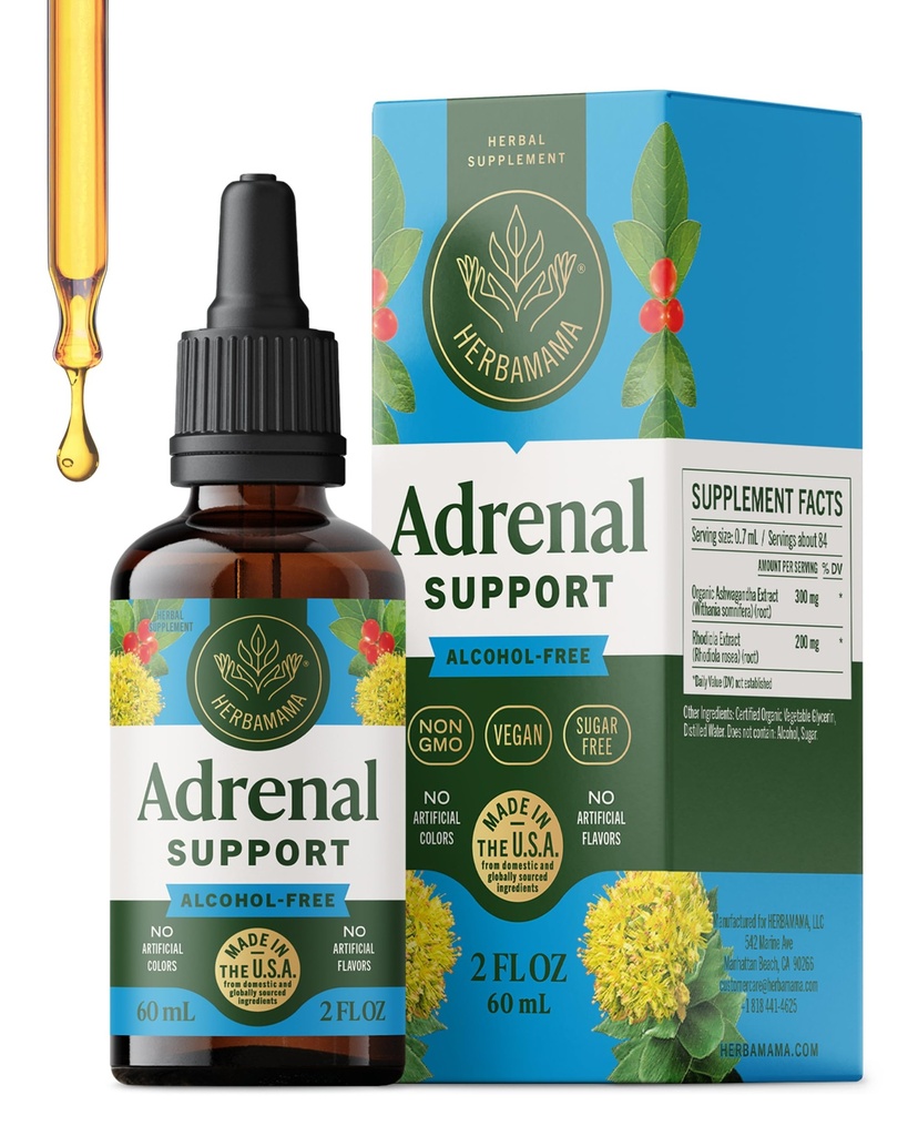 HERBAMAMA Adrenal Support Liquid Drops - Vegan Adrenal Tincture with Ashwagandha Root & Rhodiola Rosea Extract - Μη ΓΤΟ, Αλκοόλ & Ζάχαρη-ελεύθερο συμπλήρωμα - 28-Ημέρα προσφοράς