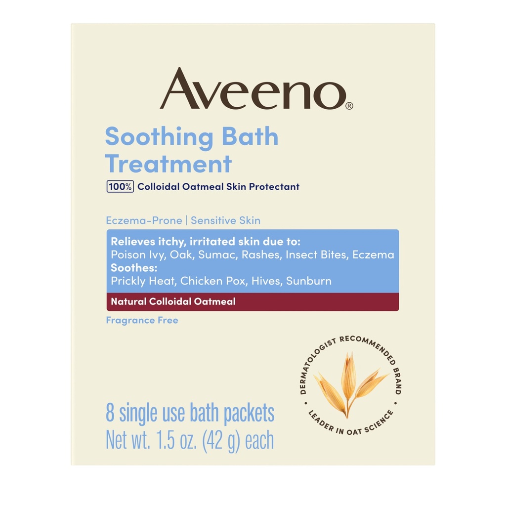 Aveeno Fragrance-Free Καταπραϋντική Θεραπεία Λουτρό & Μουλιά για Καταπραϋντική Ανακούφιση, 100% Φυσικό Κολλοειδές Κρέας Βρώμης, Ανακουφίζει Ichy, Ερεθισμένο Δέρμα Λόγω Eczema, 8 πακέτα μπάνιου μιας χρήσης