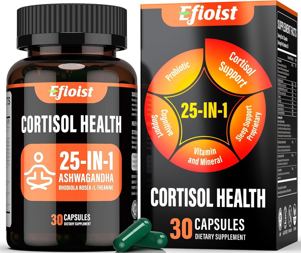 Cortisol συμπλήρωμα για γυναίκες, 25-σε-1 Cortisol Reucer για γυναίκες & άνδρες, Cortisol συμπληρώματα για άνδρες με Ashwagandha, Rhodiola Rosea, L-Θεανίνη, για Mood, Focus, Υποστήριξη ύπνου, 30 κάψουλες