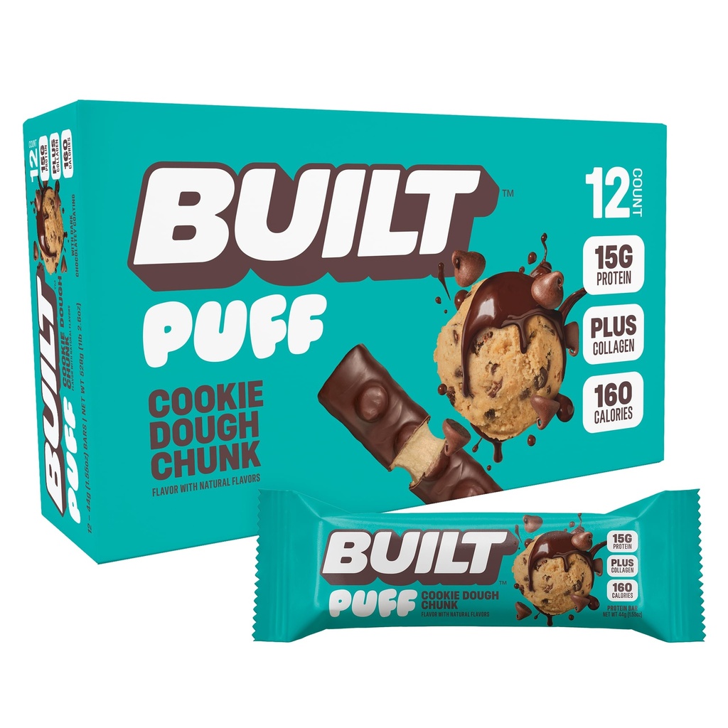 Χτισμένο Bar, Puff Protein Bars, Cookie Dough Chunk Puff, 15g Πρωτεΐνη Snacks, On-The-Go Bars, Μόνο 160 θερμίδες, 8g Ζάχαρη, Collagen, Όχι Χωρίς Γλουτένη, 12 Count