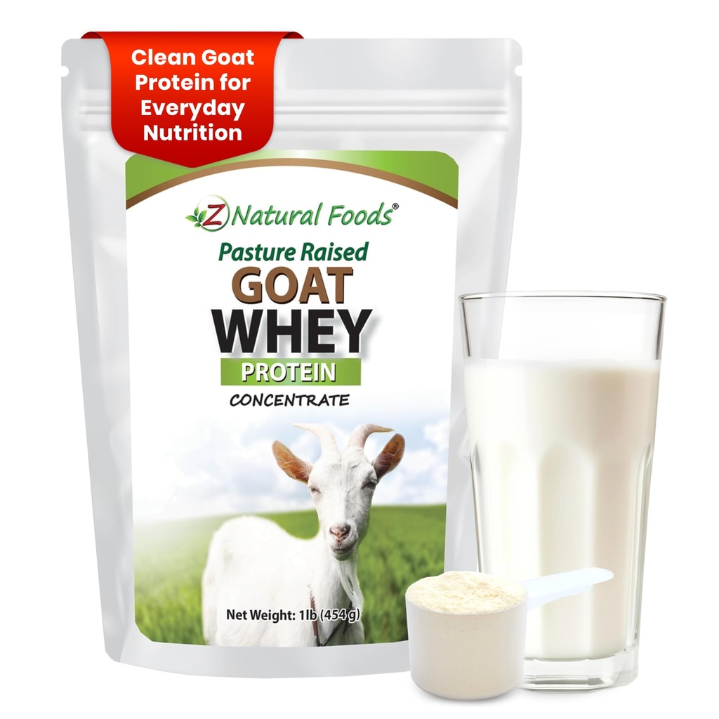 Z Natural Foods Goat Whey Protein Powder Concentrate - Undenatured, Unflavored, Pasture Raised Whey - Clean Goat Protein Powder with Vital Proteins for Weight Management, Immune Support, Fitness, 1 lb