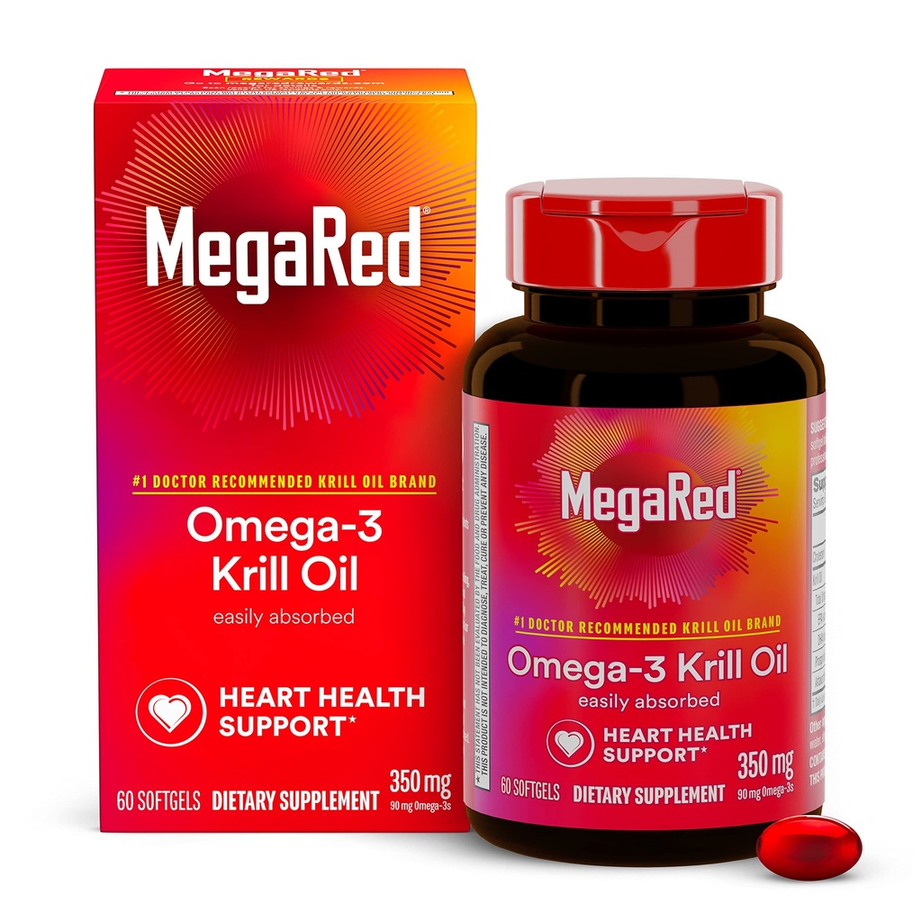 Omega-3 Krill Oil 350mg Softgels, MegaRed (60 Count In A bottle), EPA & DHA Ωμέγα-3 λιπαρά οξέα με καμία ψαρική επίγευση σε αντίθεση με το ιχθυέλαιο, περιέχει αντιοξειδωτική ασταξανθίνη