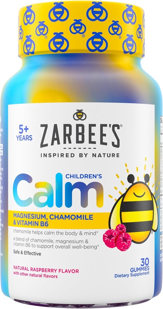 Zarbee's Naturals Παιδική ηρεμία Gummies, Μαγνήσιο για παιδιά Ηλικίες 5+, Melatonin-free, Υποστήριξη για ένα ήρεμο μυαλό & σώμα, Χαμομήλι & βιταμίνη B6, Φυσικό άρωμα σμέουρων, 30 Κόμη Gummies