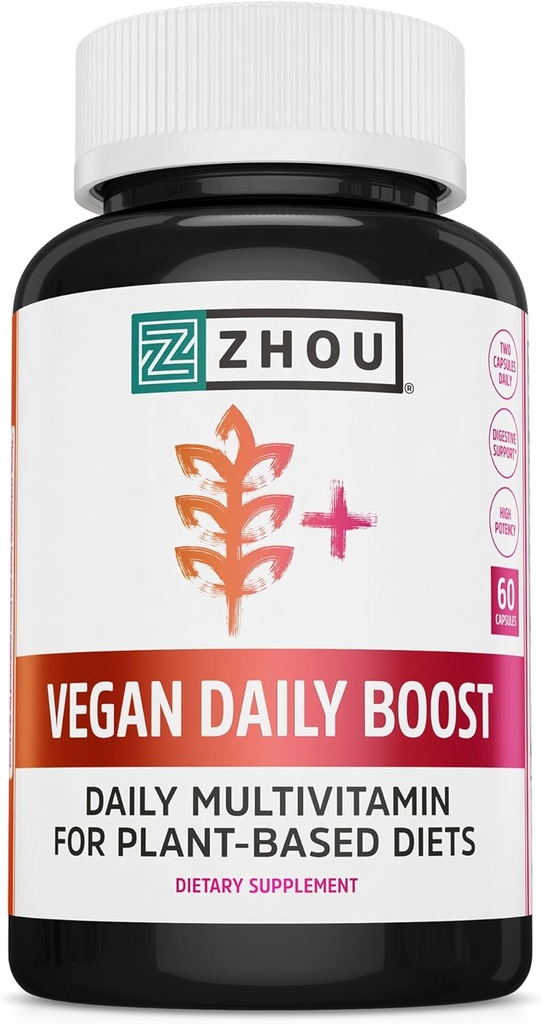 Zhou Vegan Multivitamin για γυναίκες & άνδρες, Daily Vegan συμπλήρωμα, Απαραίτητη πολυ Βιταμίνη με σίδηρο & ψευδάργυρο για την ενέργεια, ζωτικότητα, ανοσοποιητική υποστήριξη, & υγεία ολόκληρου του σώματος - 60 Veg Caps