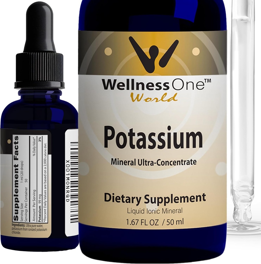 WellnessOne Ionic Cotassium Supplement - Χλωριούχο κάλιο για γρήγορη απορρόφηση - Ενισχύστε το ανοσοποιητικό σύστημα & τη λειτουργία των μυών - ΗΠΑ Δοκιμάστηκε, Vegan, μη ΓΤΟ, Χωρίς γλουτένη, Χωρίς γεύση, 1,67 fl oz