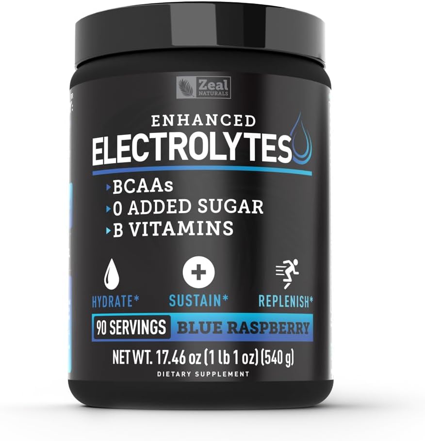 Zeal Naturals Electrolyte Powder Recovery Drink (90 Servings | Blue Raspberry) w 0 Sugar +BCAAs +B-Vitamins Electrolyte Supplement w Potassium Zinc & Magnesium for Hydration - Keto Electrolytes