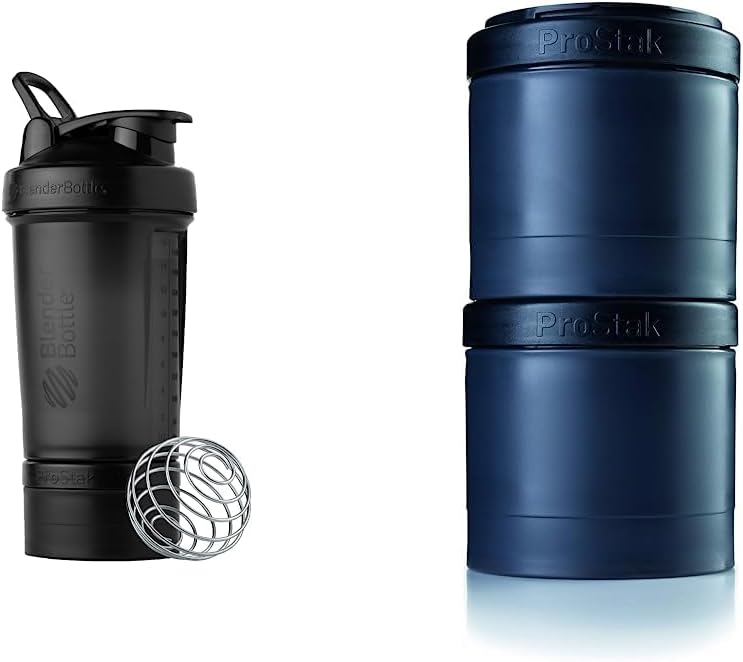 BlenderBottle Shaker Μπουκάλι με Pill Organizer και αποθήκευση για σκόνη πρωτεΐνης, ProStak System, 22 Ουγγιά, Midnight Black & ProStak Twist n' Lock Jars επέκταση 2-Pak με Pill Tray, Όλα Black