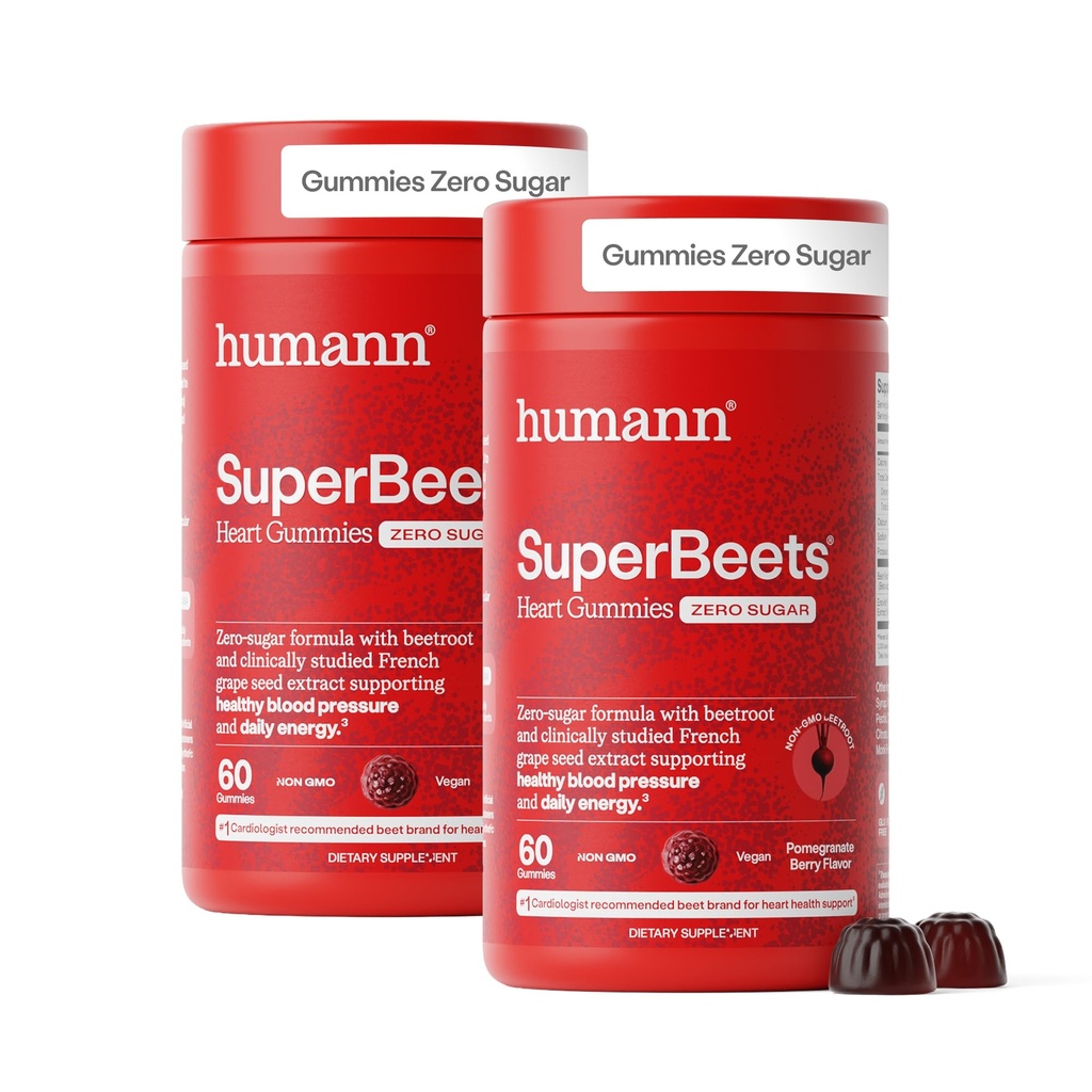 humanN SuperBeets Heart Gummies - Beet Gummy με Heart-Healthy Energy Support, Grape Seed Extract & Beetroot Powder, Sugar Free - Ρόδι με γεύση μούρου, 120 Count
